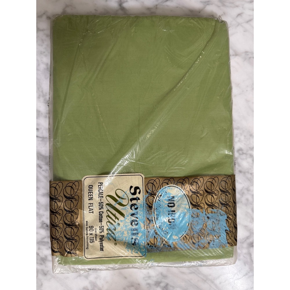 Vintage Stevens Utica Queen Flat Sheet Green Percale No Iron Made in USA NOS
